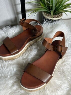 MIA Tan Brown Leather Platform Espadrille Sandals